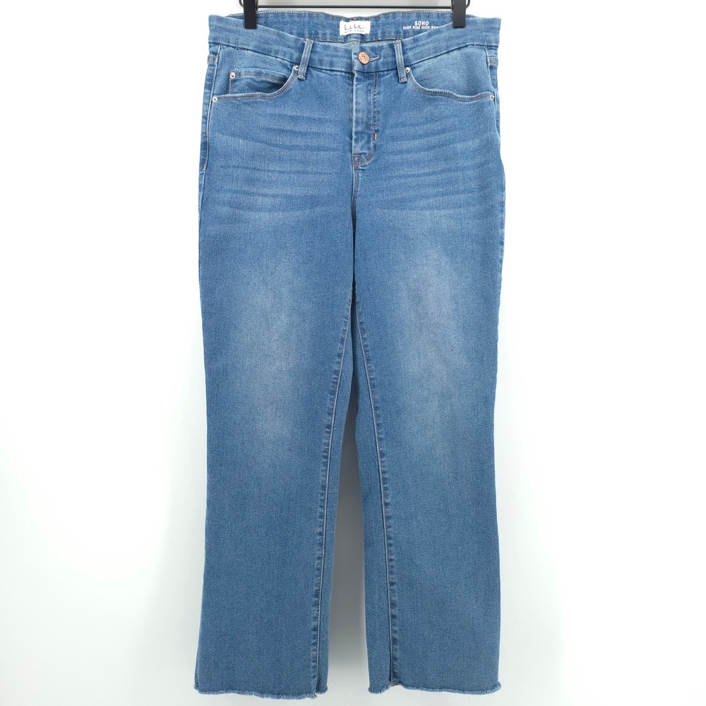 Nicole Miller SOHO Women High Rise Kick Boot Jeans 8 Blue Raw Hem